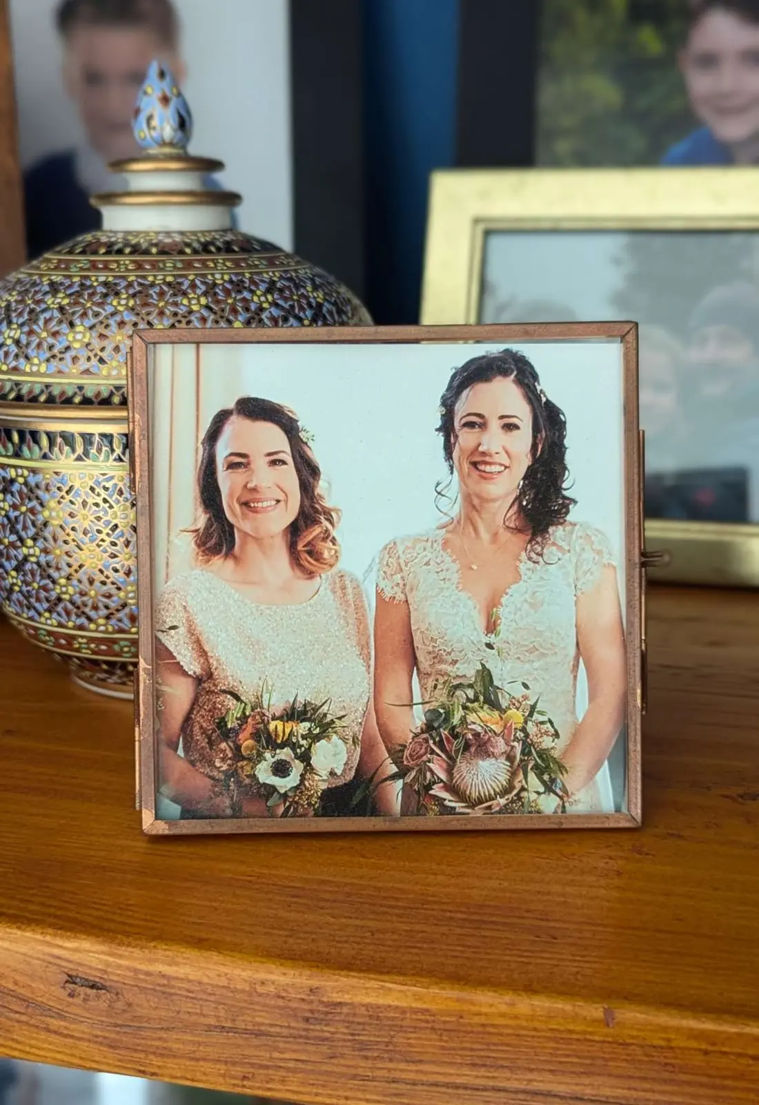 A framed wedding photo